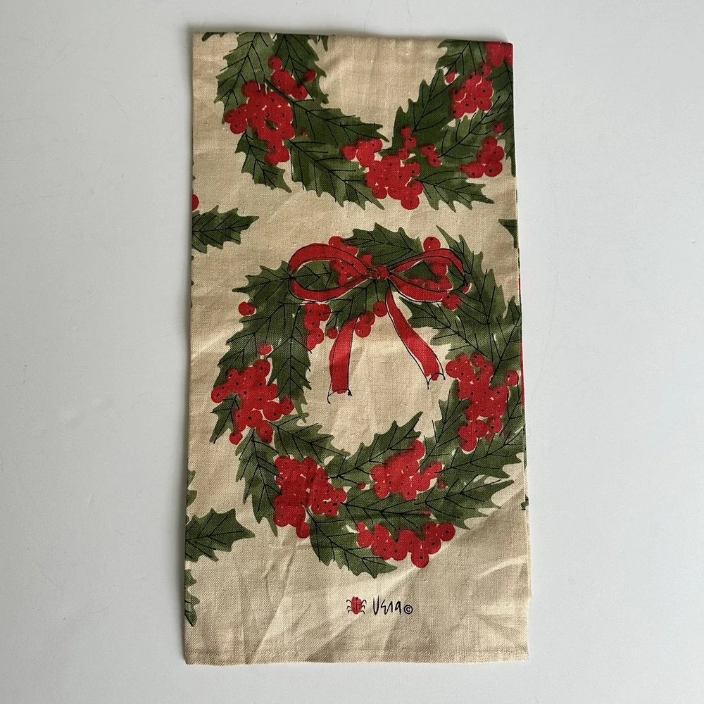 Vintage Vera Neumann Wreath Tea Towel Kitchen Christmas MCM